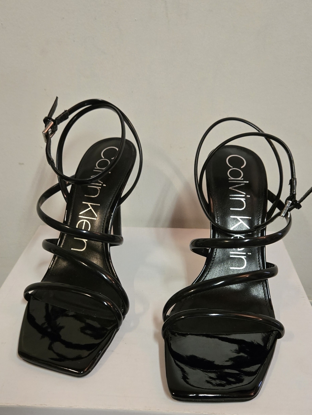 Calvin Klein Black Patent Multi-Strap Square Toe Heels